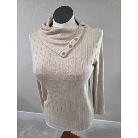 Rafaella Beige Ribbed Long-Sleeve Sweater With Button Accent Cowl Neckline Women - Picture 2 of 7